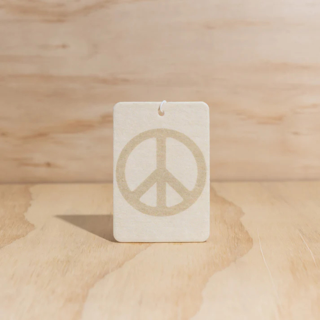 Summer design Air Freshener tags - Made from 100% post-consumer materials - Mali scent Blends coconut and lime sublime, take me for cocktails on the beach, with a summer breeze and palm trees - Peace Sign tag pictured - Stocked at LOVINLIFE Co Byron Bay for all your gifts, candles and interior decorating needs