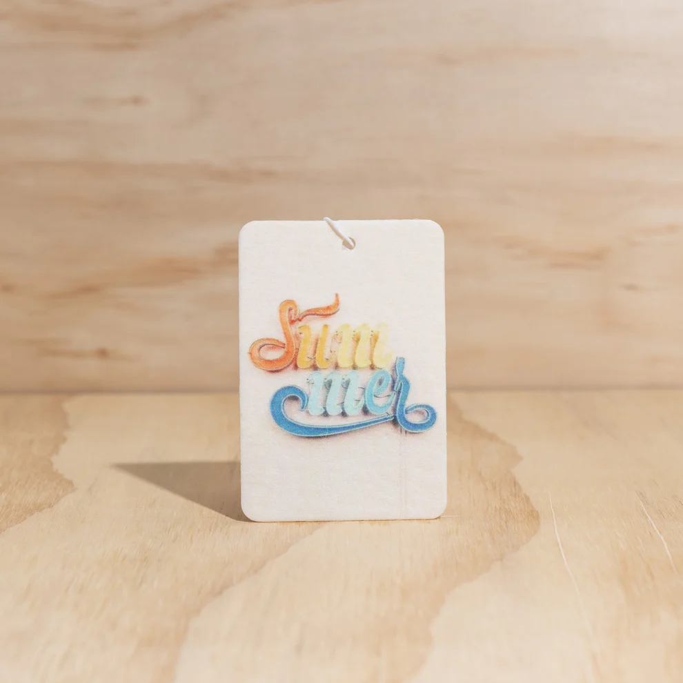 Summer design Air Freshener tags - Made from 100% post-consumer materials - Mali scent Blends coconut and lime sublime, take me for cocktails on the beach, with a summer breeze and palm trees - Summer tag pictured - Stocked at LOVINLIFE Co Byron Bay for all your gifts, candles and interior decorating needs