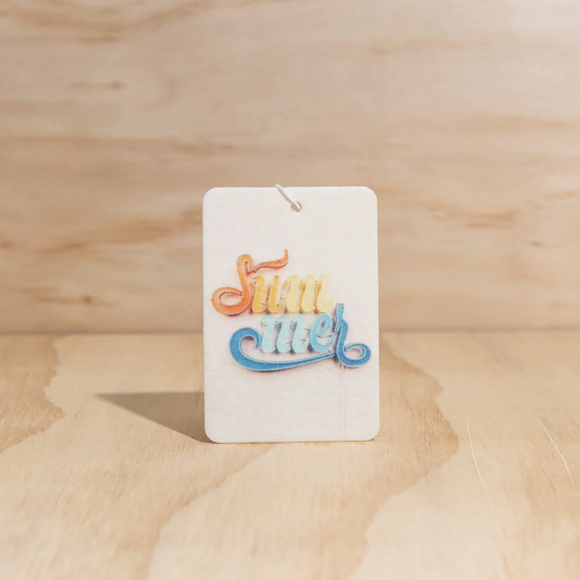 Summer design Air Freshener tags - Made from 100% post-consumer materials - Mali scent Blends coconut and lime sublime, take me for cocktails on the beach, with a summer breeze and palm trees - Summer tag pictured - Stocked at LOVINLIFE Co Byron Bay for all your gifts, candles and interior decorating needs