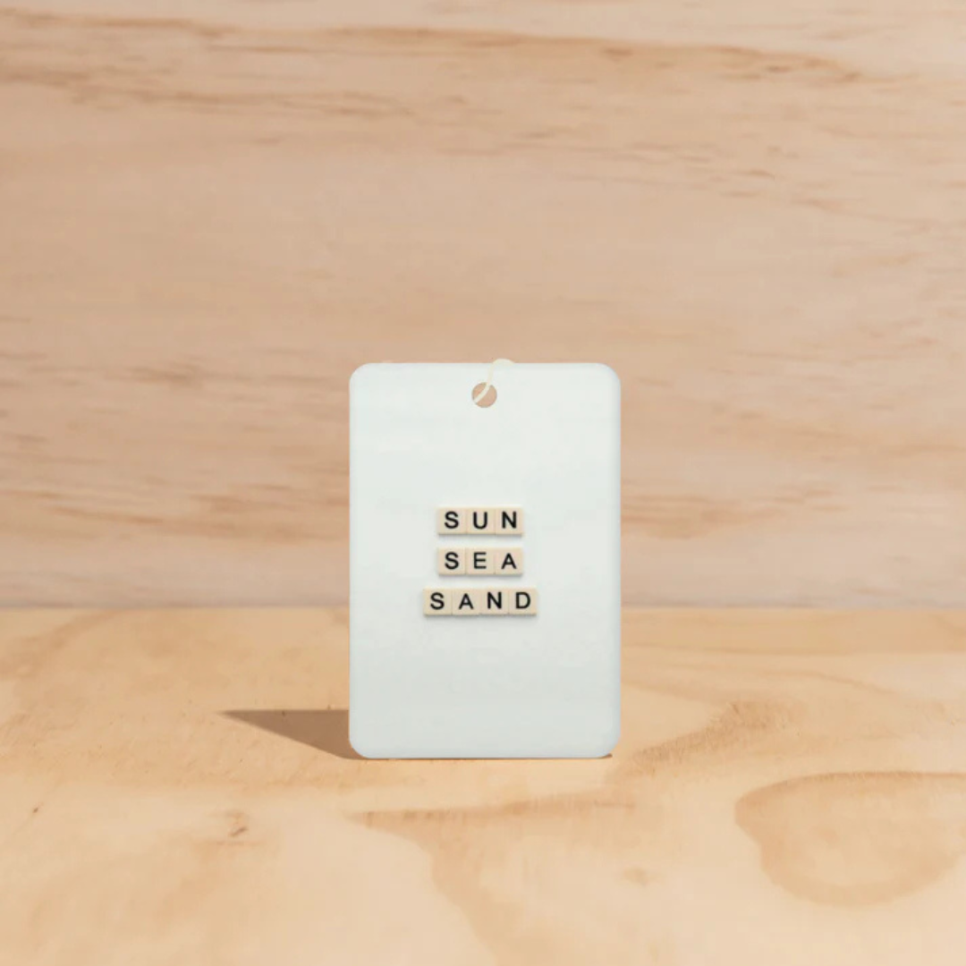 Summer design Air Freshener tags - Made from 100% post-consumer materials - Mali scent Blends coconut and lime sublime, take me for cocktails on the beach, with a summer breeze and palm trees - Sun, Sea, Sand tag pictured - Stocked at LOVINLIFE Co Byron Bay for all your gifts, candles and interior decorating needs