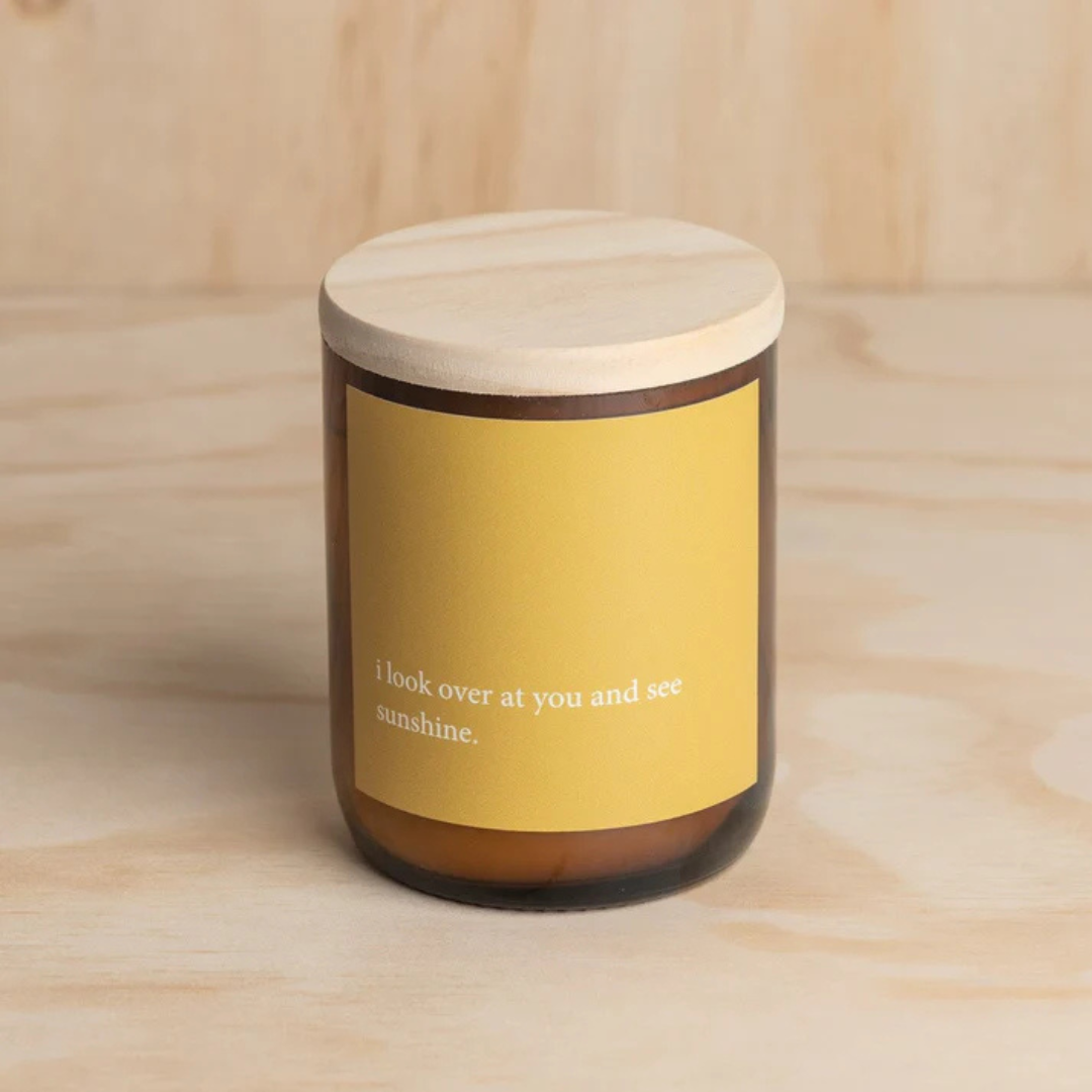 Commonfolk Heartfelt Candle - Wanaka scent with geranium + lavender - "I look over at you and see Sunshine" jar pictured on plywood backdrop - Stocked at LOVINLIFE Co Byron Bay for all your gifts, candles and interior decorating needs