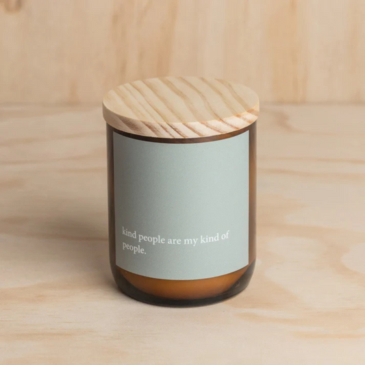Commonfolk Heartfelt Candle - Tulum Scent with mango + lime - "Kind people are my kind of people" jar pictured on plywood backdrop with lid on - Stocked at LOVINLIFE Co Byron Bay for all your gifts, candles and interior decorating needs