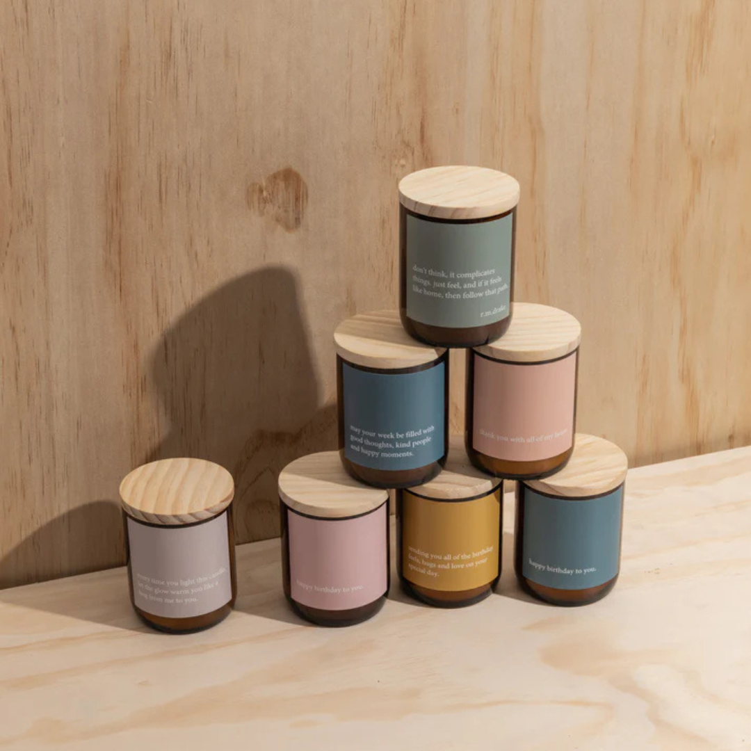 Commonfolk Heartfelt Candle - Palm Desert Scent with sandalwood + patchouli - "Thank you with all of my heart" jar pictured stacked with other candles from the heartfelt range - Stocked at LOVINLIFE Co Byron Bay for all your gifts, candles and interior decorating needs