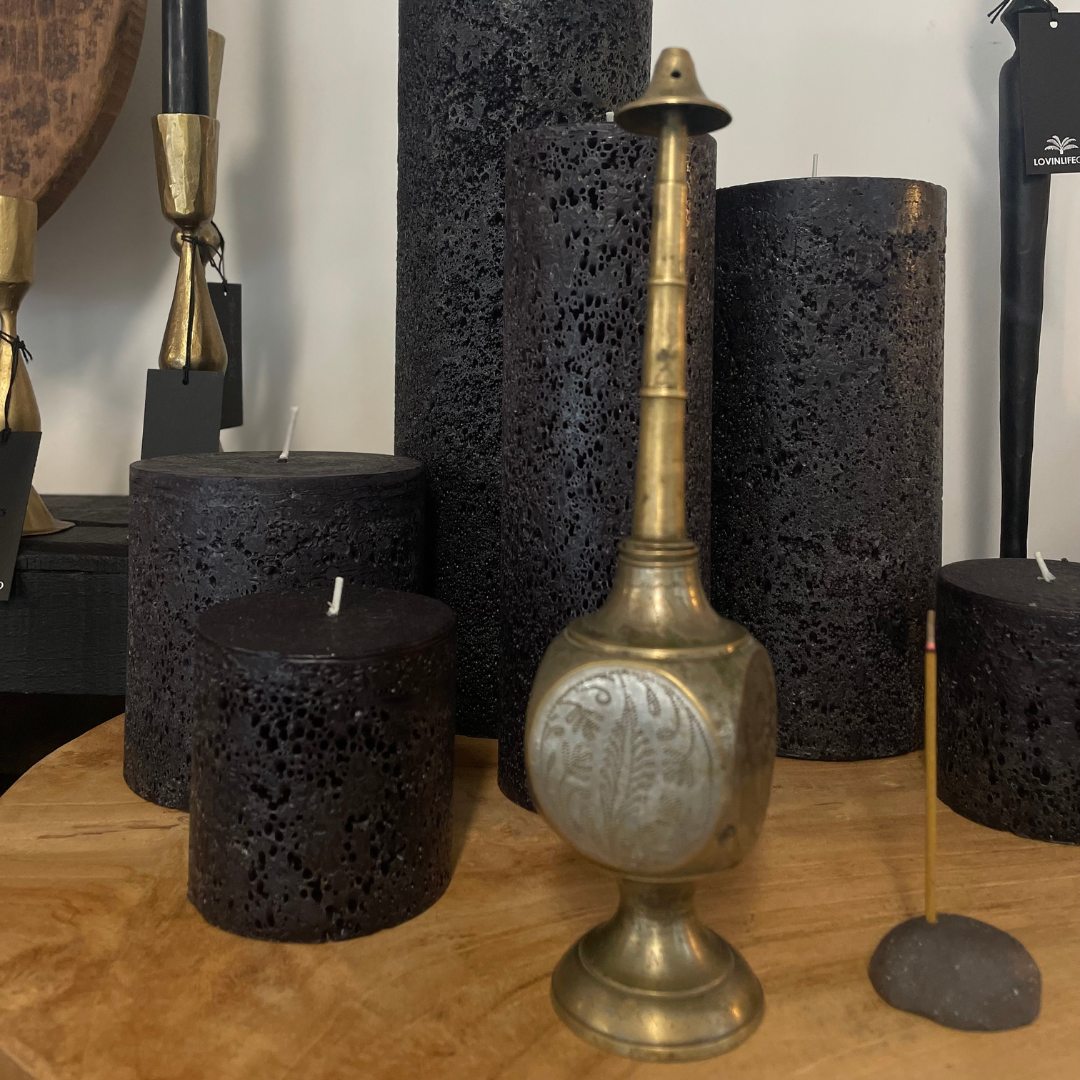 Vintage Indian Perfume Bottle, round face bottle, in front of Textured Black Pillar Candles - on display at LOVINLIFE Co Byron Bay for all your gifts, candles and interior decorating needs