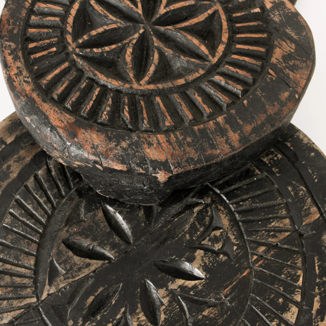 Indigo Love Vintage Indian Wood Chapati Plates - top view - Hand carved from teak wood - unique candle display stands, plates or trays - Stocked at LOVINLIFE Co Byron Bay for all your gifts, candles and interior decorating needs