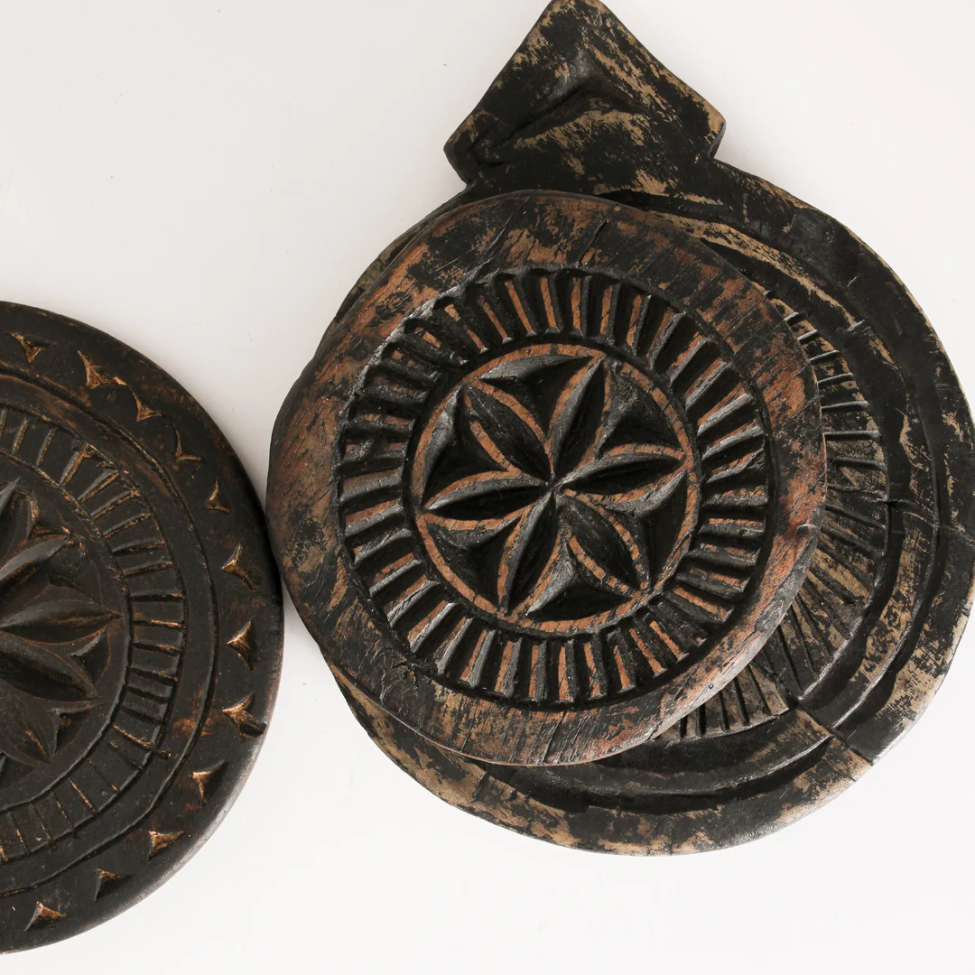 Indigo Love Vintage Indian Wood Chapati Plates - top view - Hand carved from teak wood - unique candle display stands, plates or trays - Stocked at LOVINLIFE Co Byron Bay for all your gifts, candles and interior decorating needs