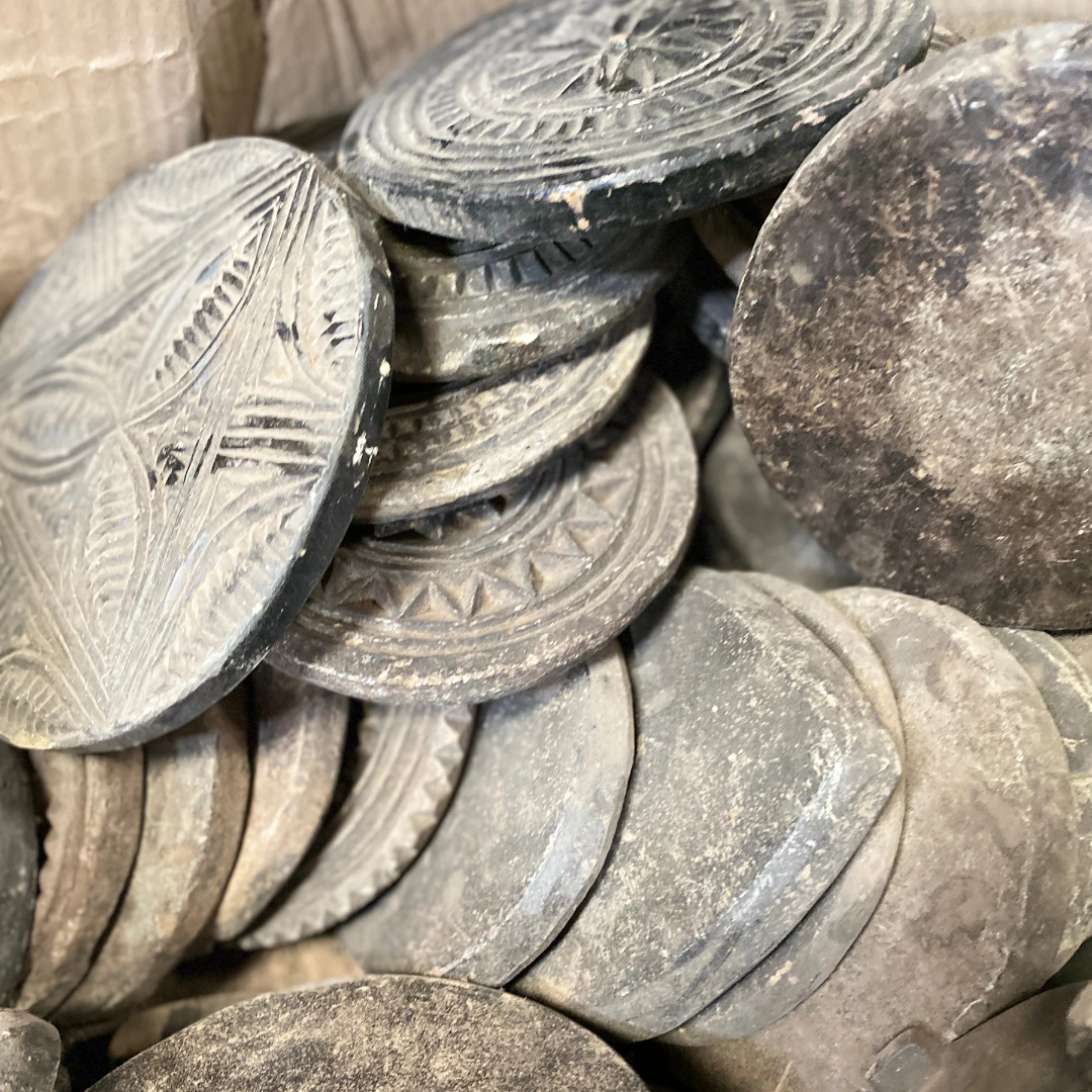 Indigo Love Vintage Indian Wood Chapati Plates - top view of pile of plates - Hand carved from teak wood - unique candle display stands, plates or trays - Stocked at LOVINLIFE Co Byron Bay for all your gifts, candles and interior decorating needs