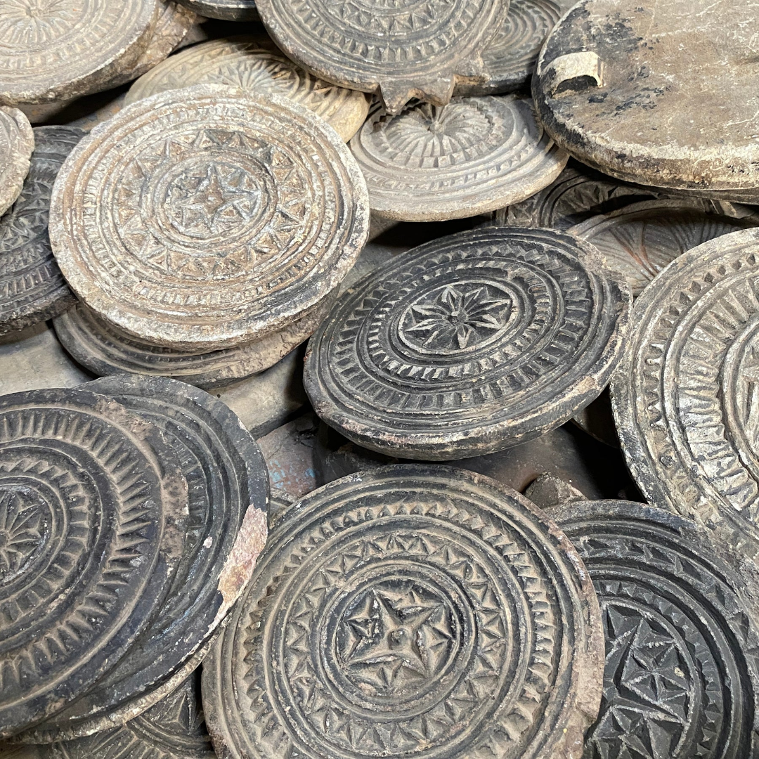 Indigo Love Vintage Indian Wood Chapati Plates - top view of pile of plates - Hand carved from teak wood - unique candle display stands, plates or trays - Stocked at LOVINLIFE Co Byron Bay for all your gifts, candles and interior decorating needs