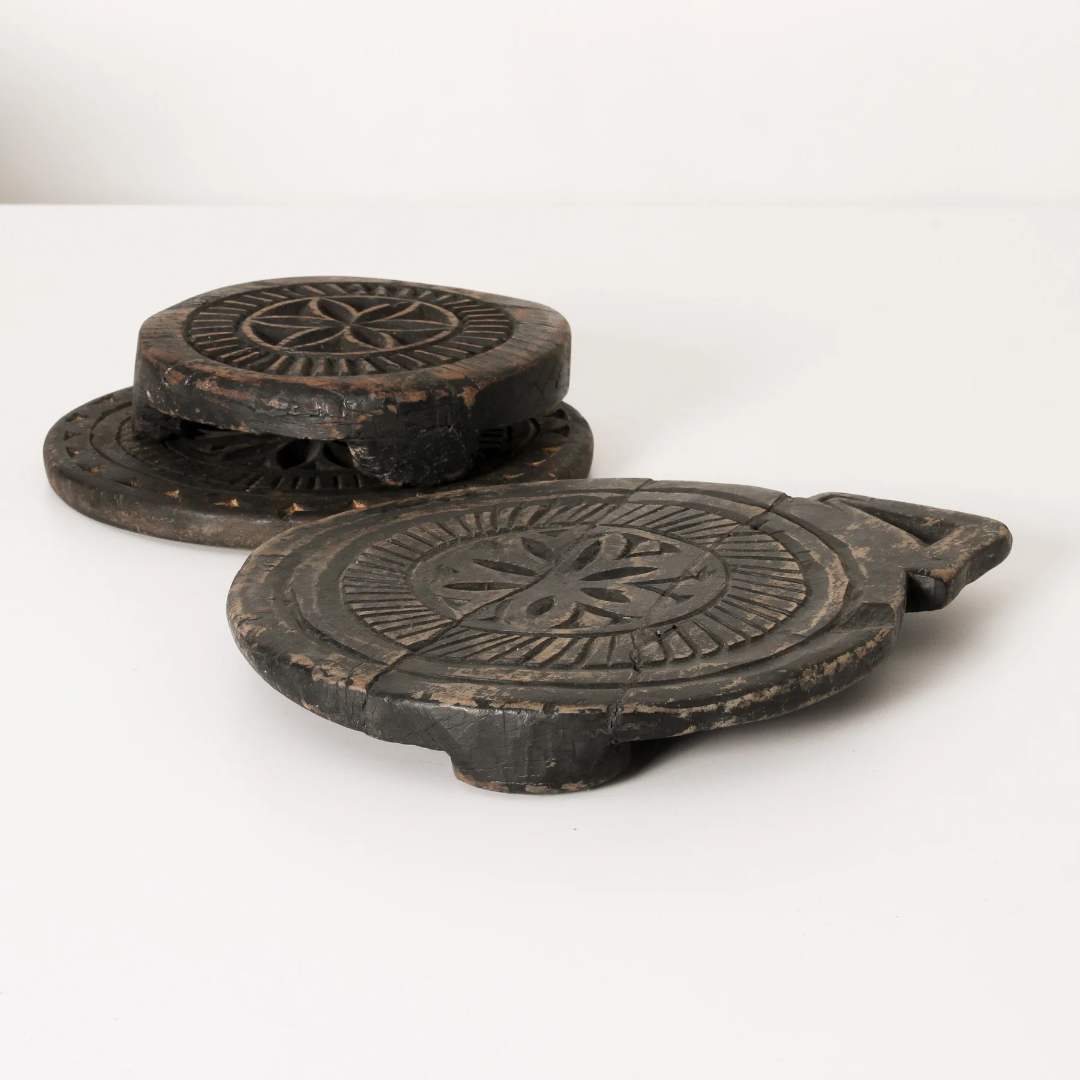 Indigo Love Vintage Indian Wood Chapati Plates - side view - Hand carved from teak wood - unique candle display stands, plates or trays - Stocked at LOVINLIFE Co Byron Bay for all your gifts, candles and interior decorating needs