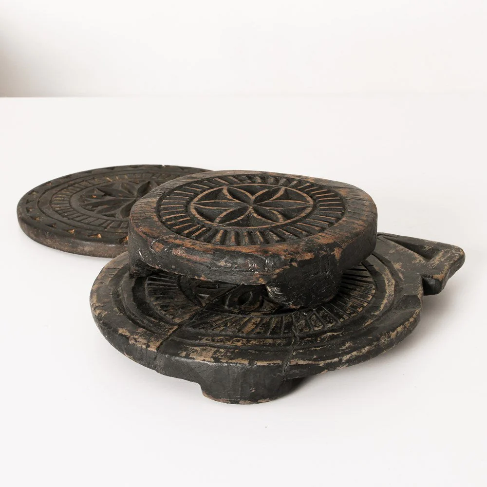 Indigo Love Vintage Indian Wood Chapati Plates - side view - Hand carved from teak wood - unique candle display stands, plates or trays - Stocked at LOVINLIFE Co Byron Bay for all your gifts, candles and interior decorating needs
