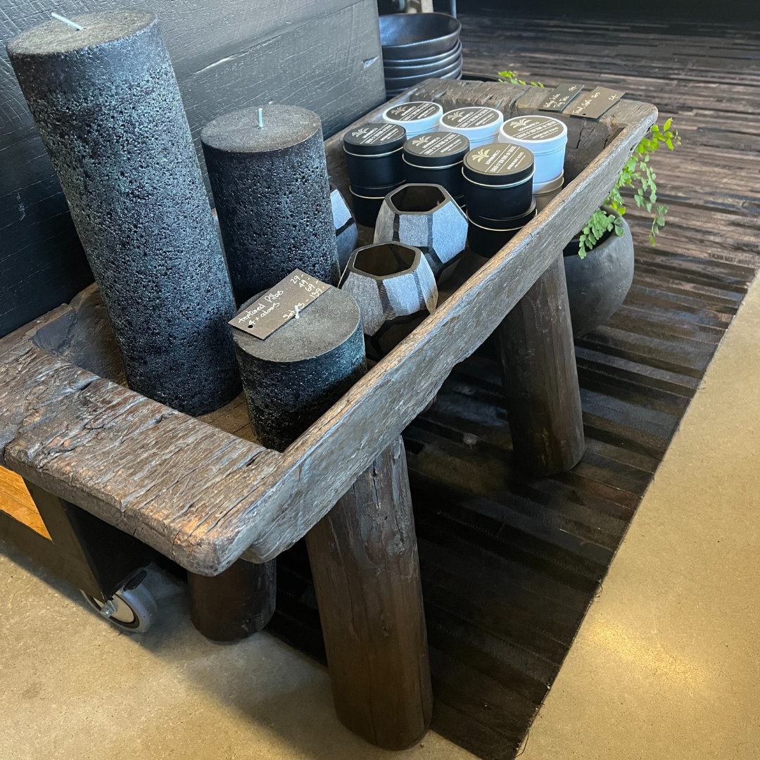 Indigo Love Vintage Indian Tray on Stand - Crafted from reclaimed wood - Indian Storage Tray on legs - display stand or tray - on display holding candles and lanterns in shop - Stocked at LOVINLIFE Co Byron Bay for all your gifts, candles and interior decorating needs