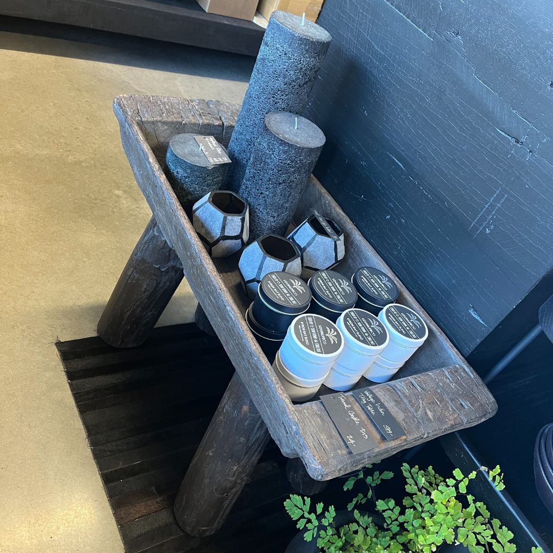 Indigo Love Vintage Indian Tray on Stand - Crafted from reclaimed wood - Indian Storage Tray on legs - display stand or tray - on display holding candles and lanterns in shop - Stocked at LOVINLIFE Co Byron Bay for all your gifts, candles and interior decorating needs