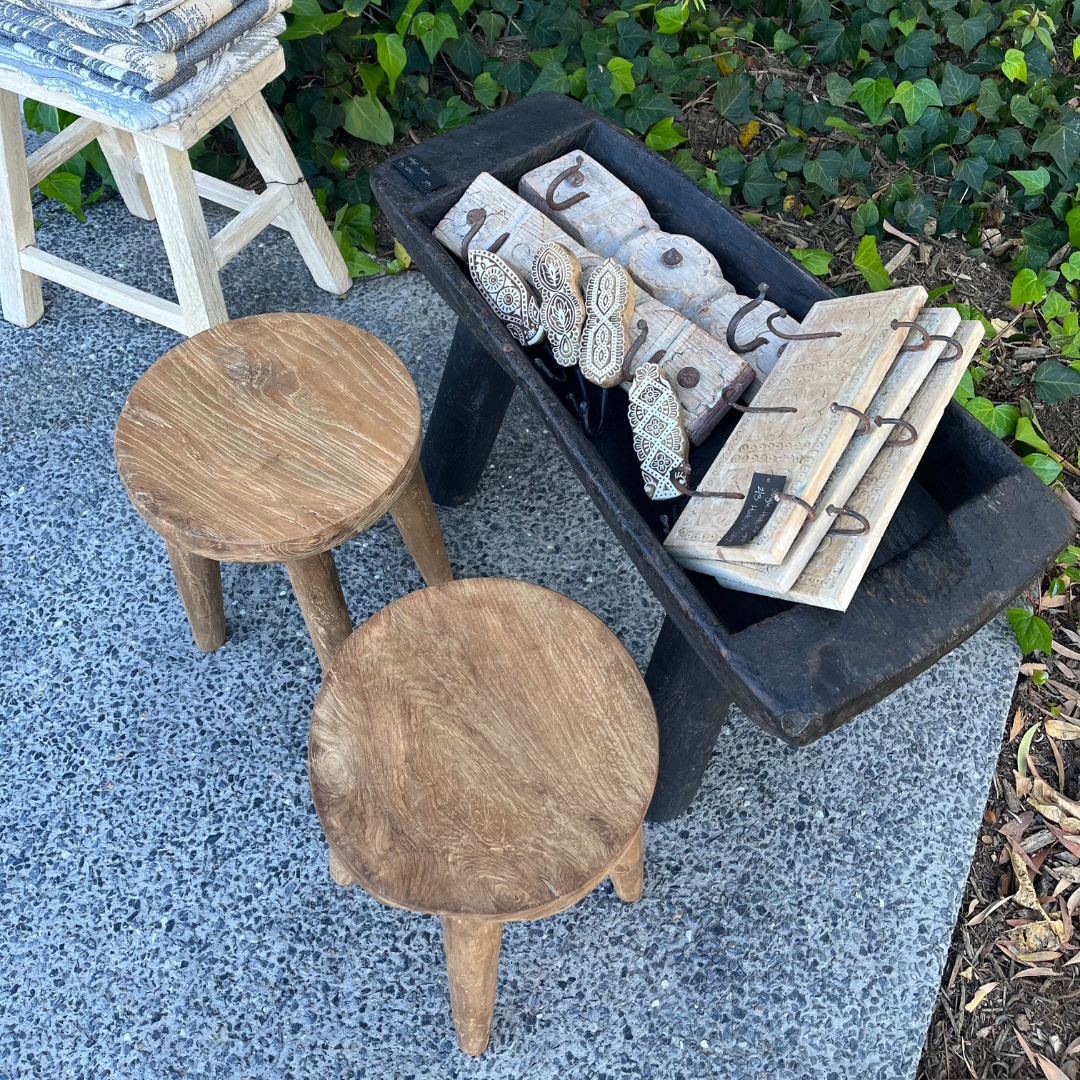 Indigo Love Vintage Indian Tray on Stand - Crafted from reclaimed wood - Indian Storage Tray on legs - display stand or tray - great to hold towels in a bathroom or food or drinks outside - on display holding wooden trinkets and hooks in shop - Stocked at LOVINLIFE Co Byron Bay for all your gifts, candles and interior decorating needs