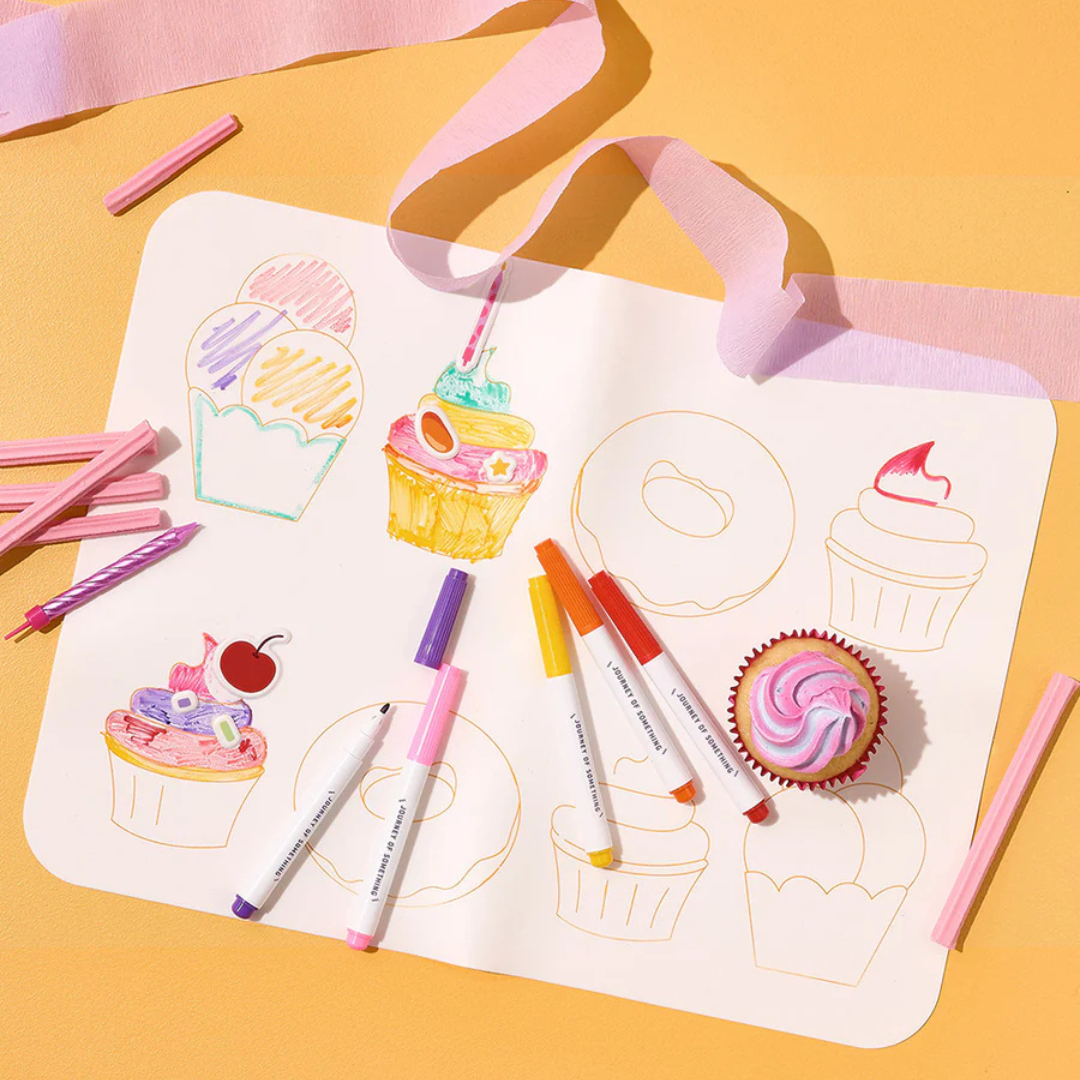 Wipeable Silicone Colouring Mat - SWEET AS - pictured being coloured in, with musk sticks and a pink paper streamer on the desk - Stocked at LOVINLIFE Co Byron Bay for all your gifts, candles and interior decorating needs