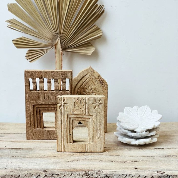 Barefoot Gypsy - White Marble Lotus Plates - stacked next to wooden decor frames - Stocked at LOVINLIFE Co Byron Bay for all your gifts, candles and interior decorating needs