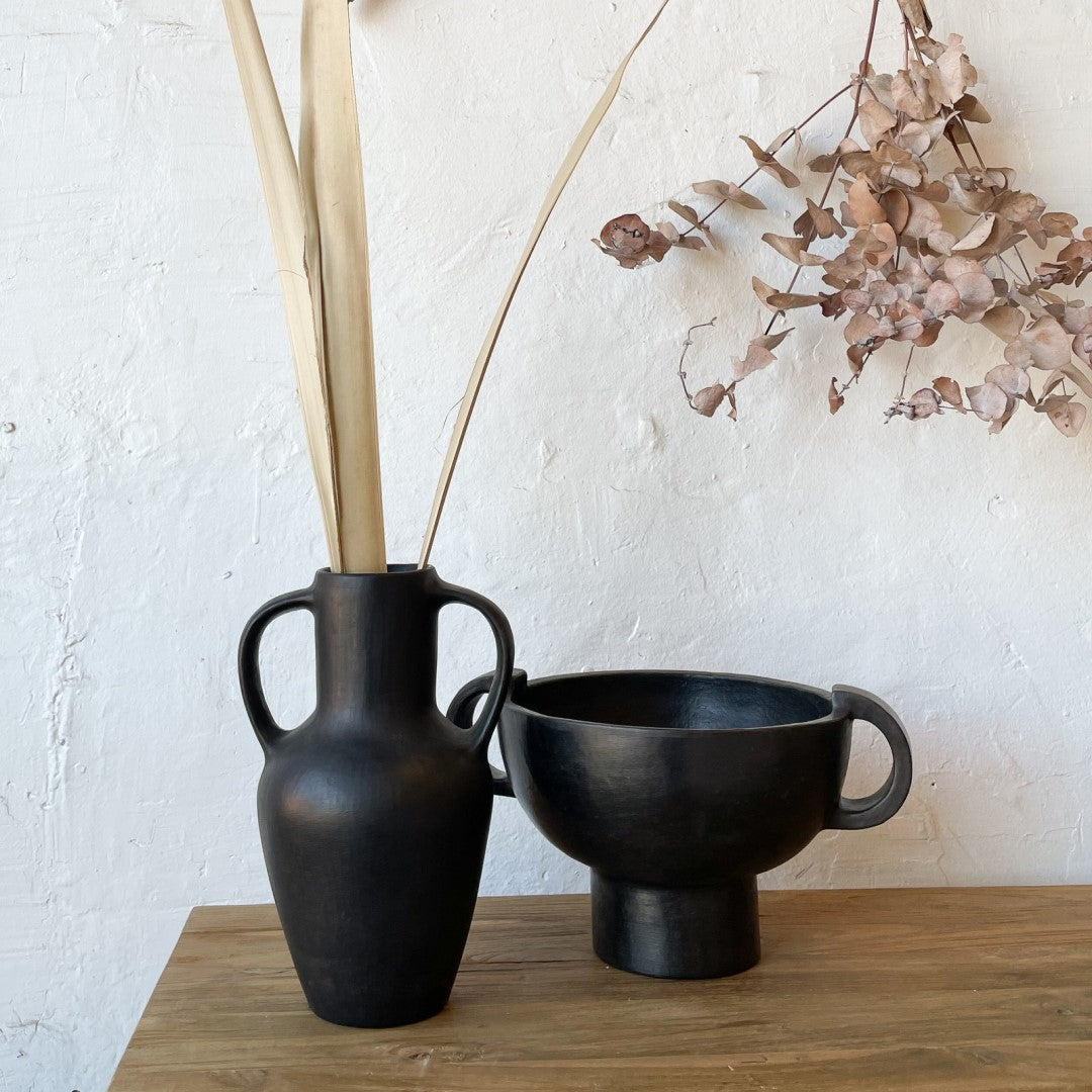 Hand Crafted Black Clay Curved Vase with Handles