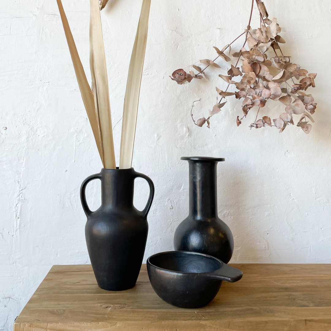 Hand Crafted Black Clay Curved Vase with Handles