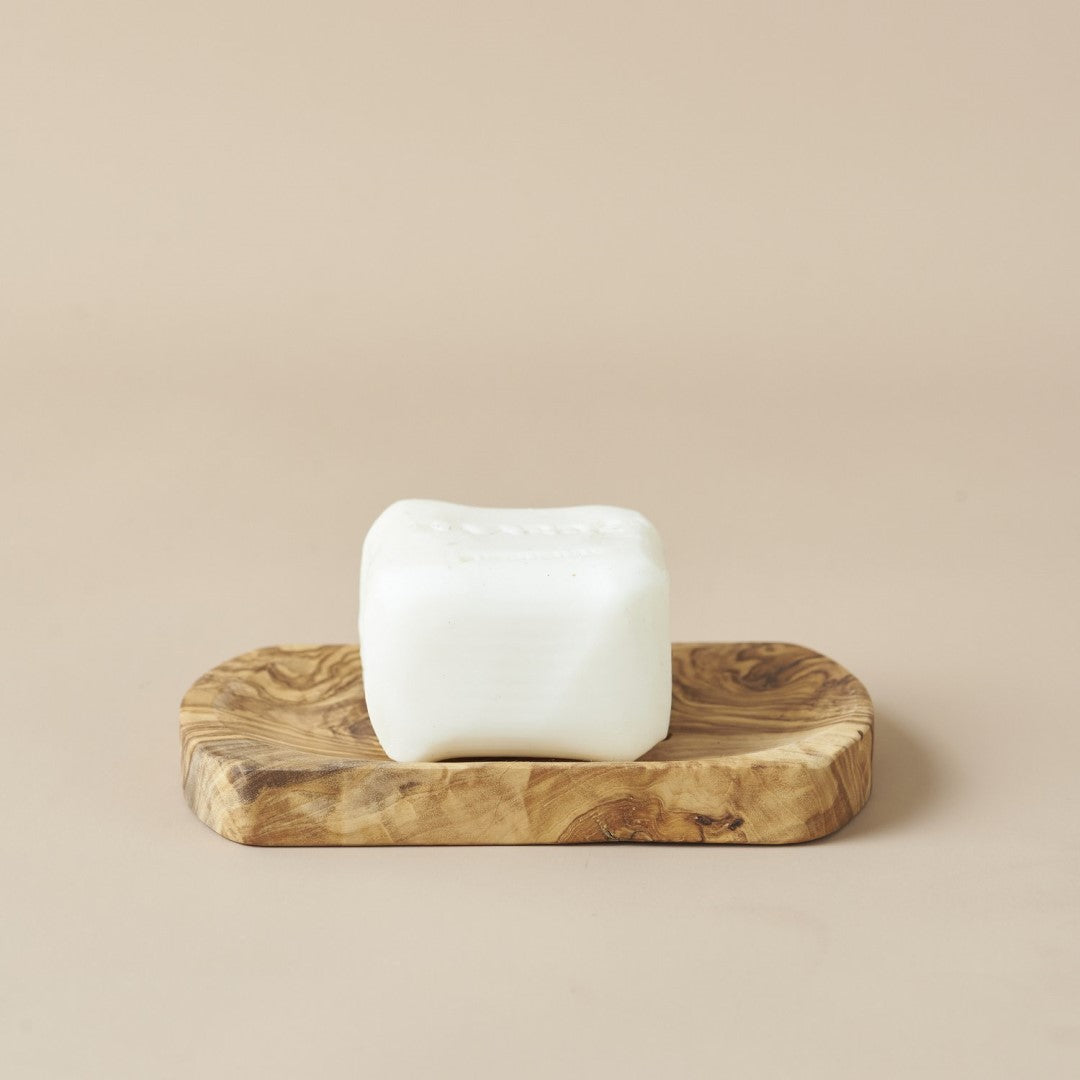 Lovinlife Co ByronBay – Saarde Almond Olive Oil Bar Soap – Almond Extract Perfume –pictured on wooden soap dish from side - available at LOVINLIFE Co Byron Bay for all your gifts, candles and interior decorating needs