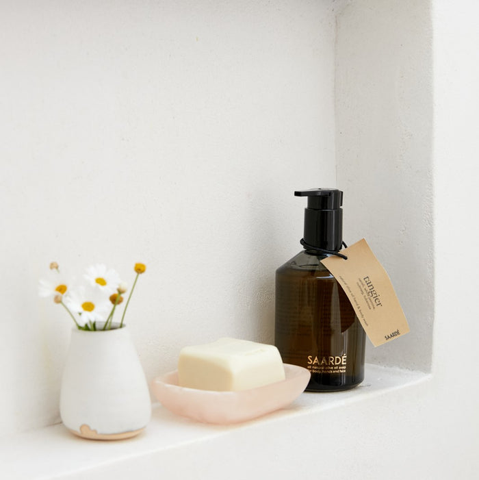 Lovinlife Co ByronBay – Saarde Jasmine Olive Oil Bar Soap – Jasmine Perfume –pictured in pink resin soap dish in shower nook - available at LOVINLIFE Co Byron Bay for all your gifts, candles and interior decorating needs