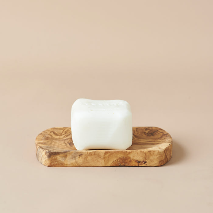 Lovinlife Co ByronBay – Saarde Jasmine Olive Oil Bar Soap – Jasmine Perfume –pictured in wooden soap dish - available at LOVINLIFE Co Byron Bay for all your gifts, candles and interior decorating needs