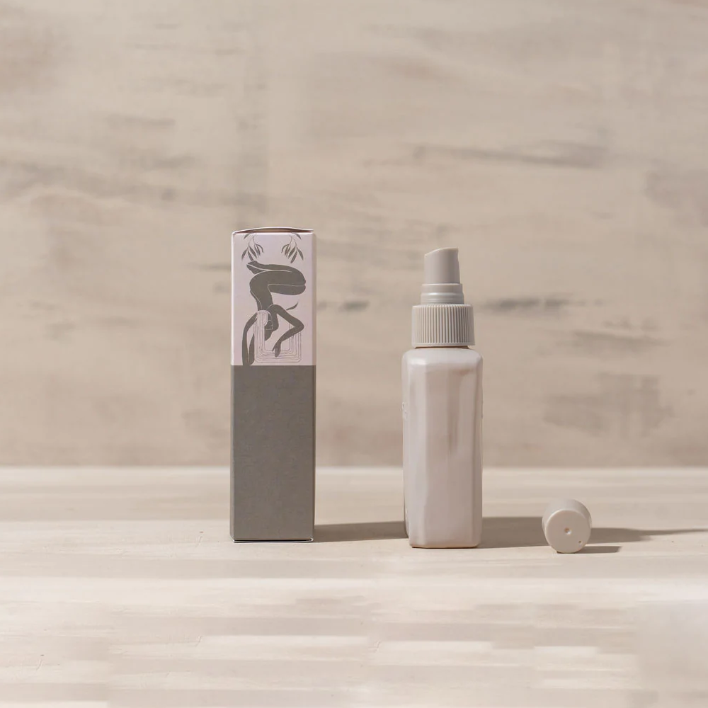 Andalusia Room Spray scent of Olive Leaf & Thyme by Saarde - side view of bottle and box - Stocked at LOVINLIFE Co Byron Bay for all your gifts, candles and interior decorating needs
