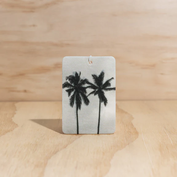 Summer design Air Freshener tags - Made from 100% post-consumer materials - Mali scent Blends coconut and lime sublime, take me for cocktails on the beach, with a summer breeze and palm trees - Twin Palms tag pictured - Stocked at LOVINLIFE Co Byron Bay for all your gifts, candles and interior decorating needs