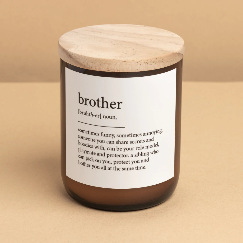 Commonfolk Dictionary Candle - Brother - amber glass jar with wood lid - Stocked at LOVINLIFE Co Byron Bay for all your gifts, candles and interior decorating needs