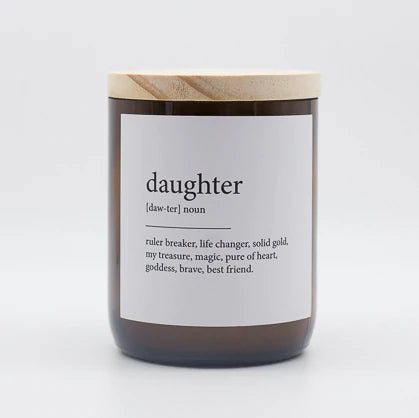 Commonfolk Dictionary Candle - Daughter - amber glass jar with wood lid - Stocked at LOVINLIFE Co Byron Bay for all your gifts, candles and interior decorating needs