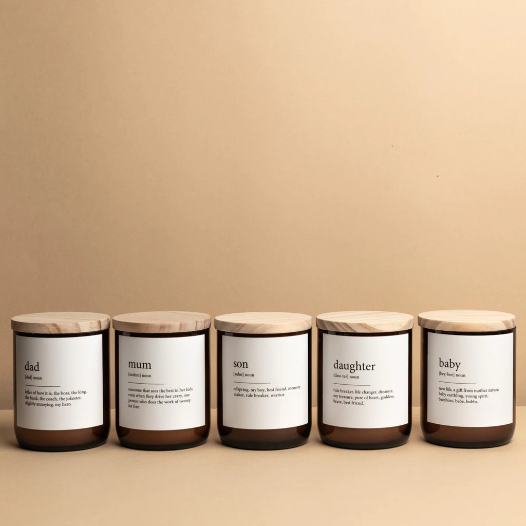 Commonfolk Dictionary Candle - Family range - dad, mum, son, daughter, baby - amber glass jar with wood lid - Stocked at LOVINLIFE Co Byron Bay for all your gifts, candles and interior decorating needs