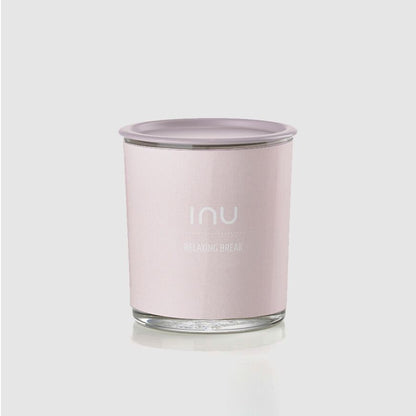 INU Relaxing Break Candle - Relaxing Break: Rose, Linden, Sandalwood - soy wax candle with organic cotton wicks and organic essential oils in pink glass jar with pink lid - Stocked at LOVINLIFE Co Byron Bay for all your gifts, candles and interior decorating needs