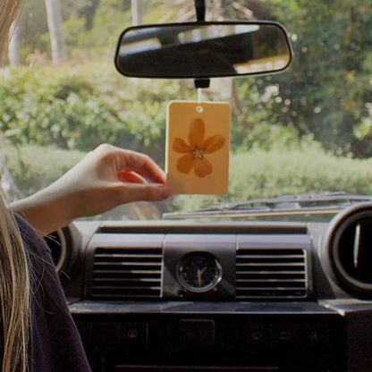 Flower Town design Air Freshener tags - Made from 100% post-consumer materials - BIARRITZ SCENT: jasmine, saffron + musk, Feel allured as you indulge in this poetic union that is luxe and luminous, yet grounding - Pictured hanging from rear vision mirror. Stocked at LOVINLIFE Co Byron Bay for all your gifts, candles and interior decorating needs