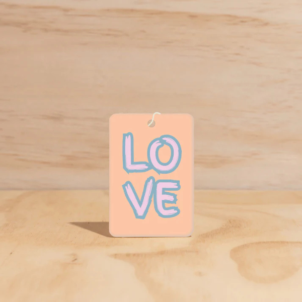 LOVE design Air Freshener tags - Made from 100% post-consumer materials - BIARRITZ SCENT: jasmine, saffron + musk, Feel allured as you indulge in this poetic union that is luxe and luminous, yet grounding. Stocked at LOVINLIFE Co Byron Bay for all your gifts, candles and interior decorating needs