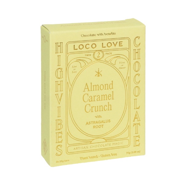 Twin Box of Loco Love 'Almond Caramel Crunch' Chocolate. Yellow box with gold writing. Vegan • gluten-free • sustainably sourced • no refined sugar. Available at LOVINLIFE Co Byron bay