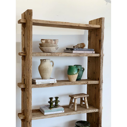 Barefoot Gypsy - Kasana Elm Baby Wood Workers Stool - Multipurpose decor or stepping stool - pictured in bookshelf with other decor - Stocked at LOVINLIFE Co Byron Bay for all your gifts, candles and interior decorating needs