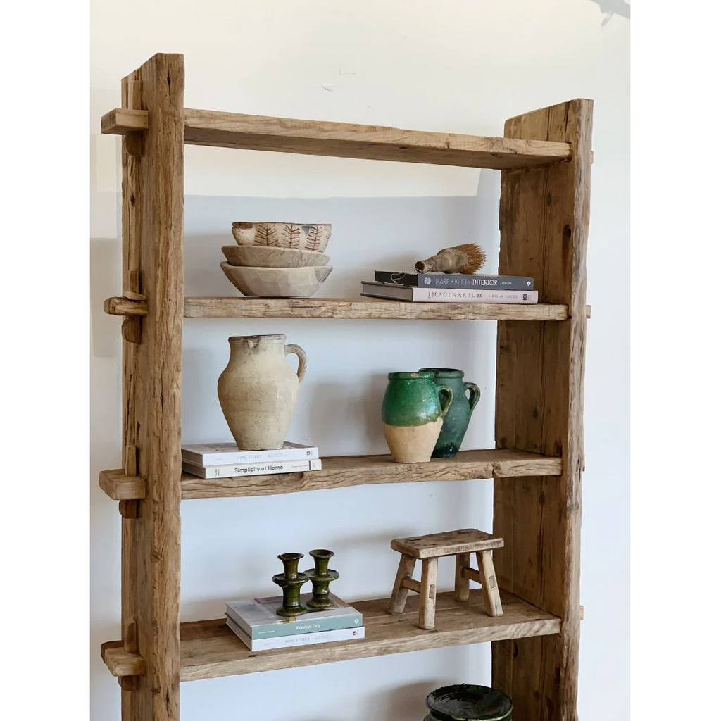 Barefoot Gypsy - Kasana Elm Baby Wood Workers Stool - Multipurpose decor or stepping stool - pictured in bookshelf with other decor - Stocked at LOVINLIFE Co Byron Bay for all your gifts, candles and interior decorating needs