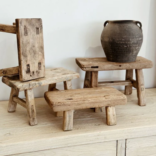 Barefoot Gypsy - Kasana Elm Baby Wood Workers Stool - Multipurpose decor or stepping stool - pictured to show the various sizes available - Stocked at LOVINLIFE Co Byron Bay for all your gifts, candles and interior decorating needs