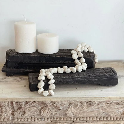 Barefoot Gypsy -Vintage Carved Indian Bajot Tray - Black Wood - pictured with candles and necklace - Stocked at LOVINLIFE Co Byron Bay for all your gifts, candles and interior decorating needs