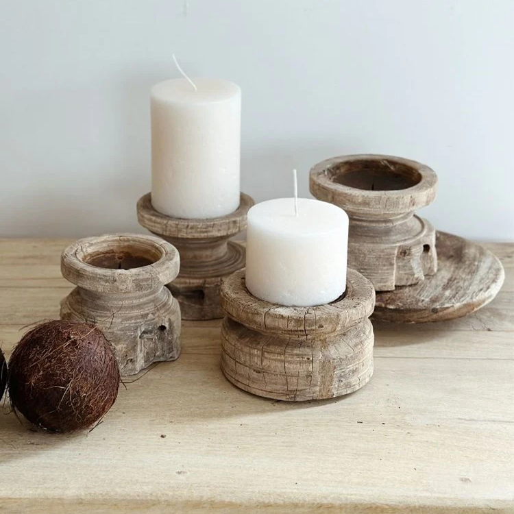 Barefoot Gypsy - Vintage Indian hand carved Candle Stands - repurposed from chair and table legs - short & fat size - pictured with candles on hallway table - Tabletop Candle Holders Stocked at LOVINLIFE Co Byron Bay for all your gifts, candles and interior decorating needs