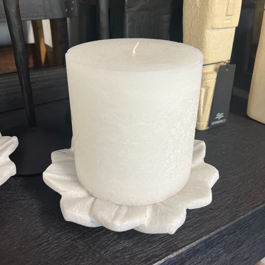 Barefoot Gypsy - White Marble Lotus Plate - candle holder - holding small white pillar candle - Stocked at LOVINLIFE Co Byron Bay for all your gifts, candles and interior decorating needs