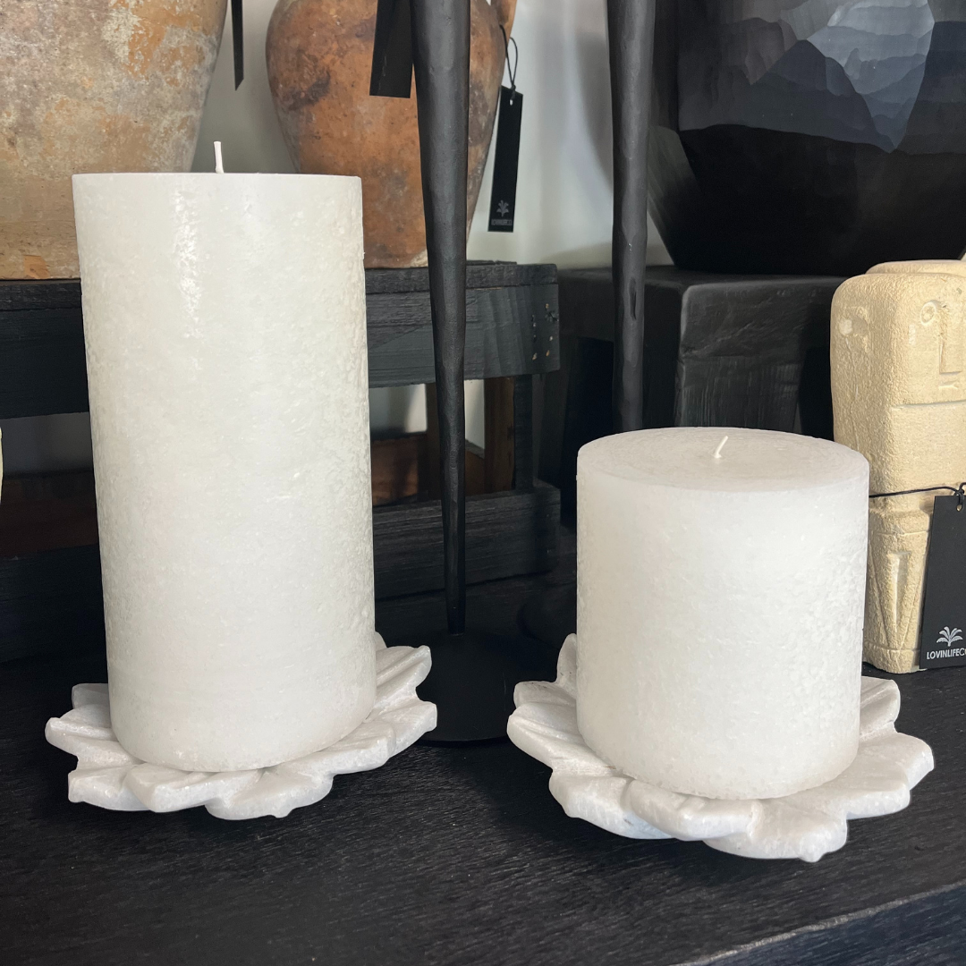 Barefoot Gypsy - White Marble Lotus Plate - candle holder - holding tall and small white pillar candle - Stocked at LOVINLIFE Co Byron Bay for all your gifts, candles and interior decorating needs
