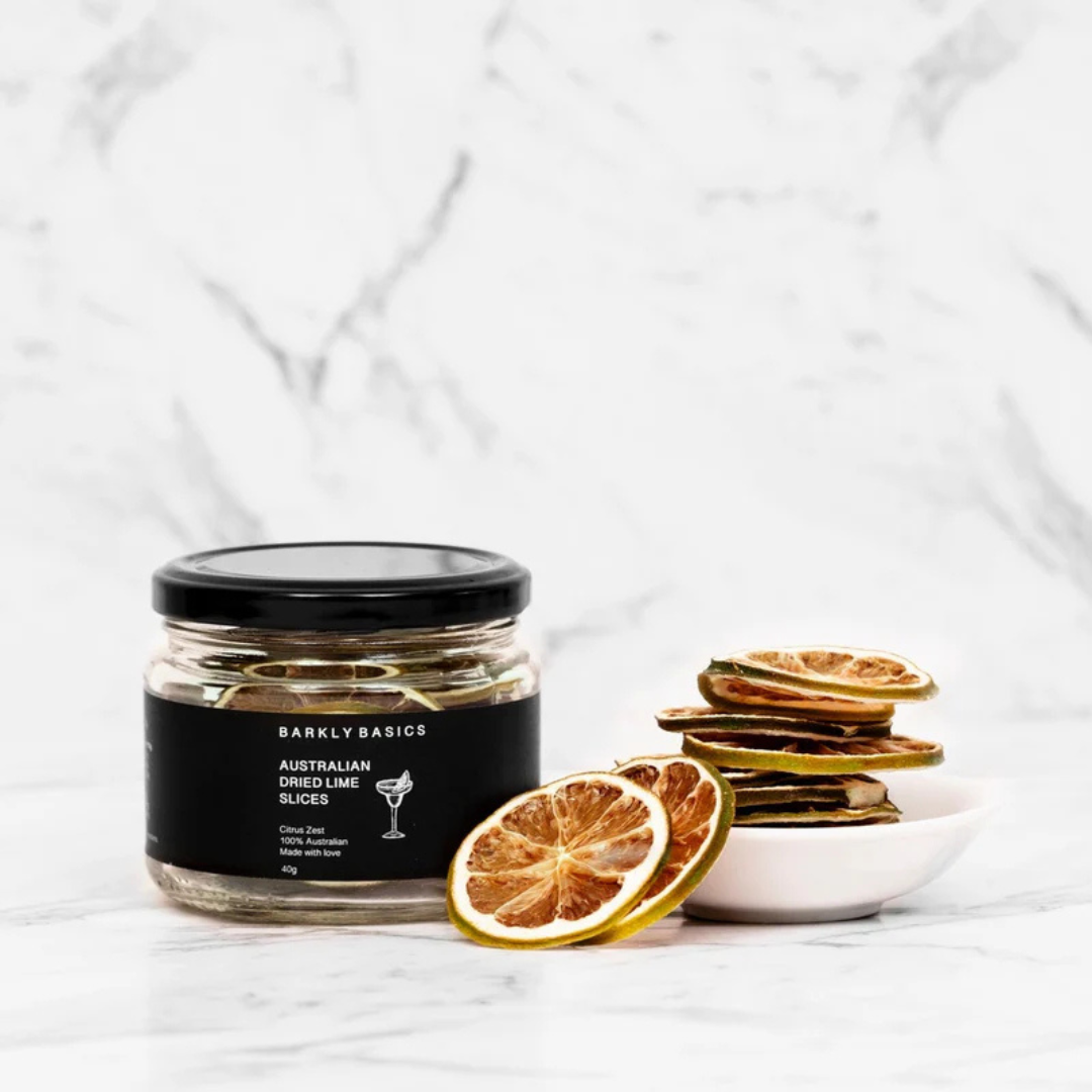 Barkly Basics Jar of Australian lime slices with dried lime slices on a white background - available at LOVINLIFE Co Byron Bay for all your gifts, candles and interior decorating needs