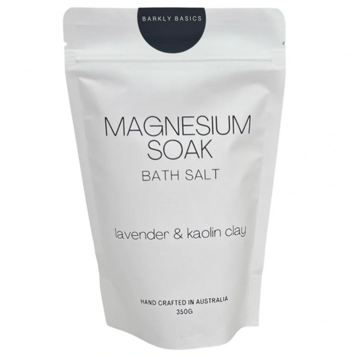 Bath salt package labelled 'Magnesium Soak' with 'Barkly Basics' branding on a white background. Available at LOVINLIFE Co Byron Bay for all your gifts, candles and interior decorating needs