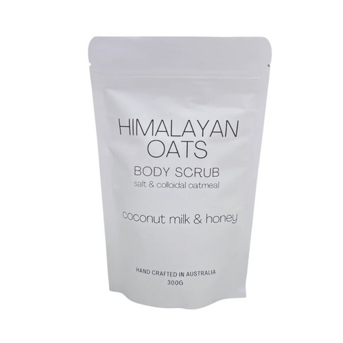 Barkly Basics Himalayan Oats body scrub (coconut milk and honey) packaging on a white background. Available at LOVINLIFE Co Byron Bay for all your gifts, candles and interior decorating needs