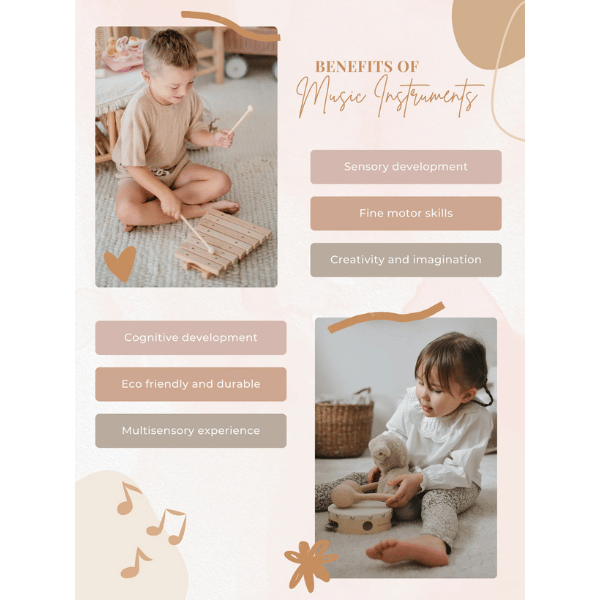 Info flyer highlighting the benefits of musical instruments for children: Sensory development, Fine motor skills, Creativity and imagination, Cognitive development, Eco friendly and durable, Multisensory experience.
