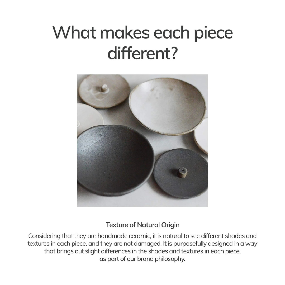 Black Clay Incense Plate - Handcrafted smudging bowl or plate - many different types pictured with the words "what makes each piece different" - Stocked at LOVINLIFE Co Byron Bay for all your gifts, candles and interior decorating needs