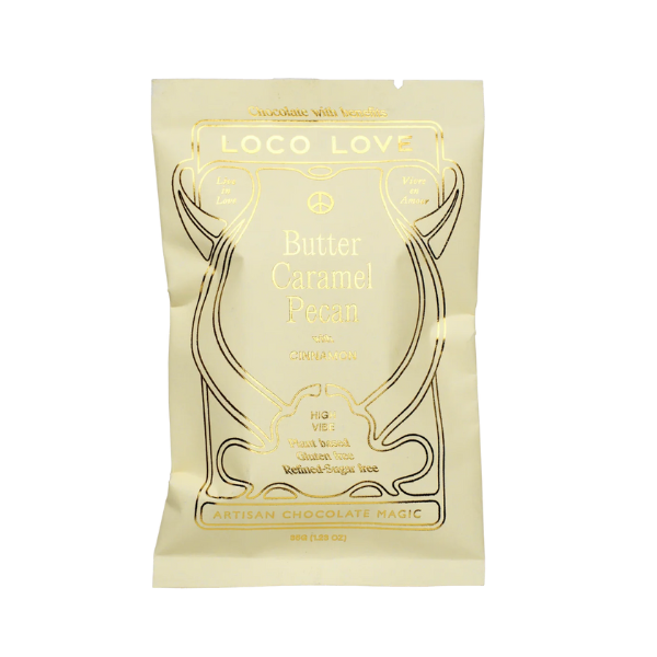 Light Yellow packaging of Loco Love Butter Caramel Pecan Chocolates. Vegan, gluten-free, sustainably sourced and no refined sugars. 
Available LOVINLIFE Co Byron Bay.