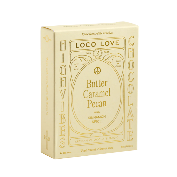 Light Yellow box of Loco Love chocolate with gold text for Butter Caramel Pecan. Vegan, gluten-free, sustainably sourced and no refined sugars. Each box contains 2 x chocolates.
Available LOVINLIFE Co Byron Bay.