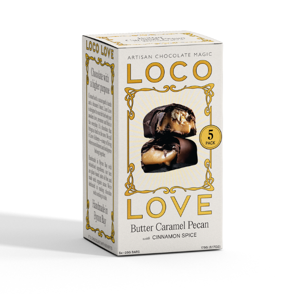 Beige box of Loco Love Butter Caramel Pecan with Cinnamon Spice chocolate bars. 5 Pack. Vegan, gluten-free, sustainably sourced and no refined sugars. Each box contains 2 x chocolates.
Available LOVINLIFE Co Byron Bay.