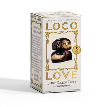 Beige box of Loco Love Butter Caramel Pecan with Cinnamon Spice chocolate bars. 5 Pack. Vegan, gluten-free, sustainably sourced and no refined sugars. Each box contains 2 x chocolates.
Available LOVINLIFE Co Byron Bay.