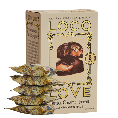 5 Pack, Beige box of Loco Love Butter Caramel Pecan with Cinnamon Spice chocolate bars, next to stack of 5 chocolates. Vegan, gluten-free, sustainably sourced and no refined sugars. Each box contains 2 x chocolates.
Available LOVINLIFE Co Byron Bay.